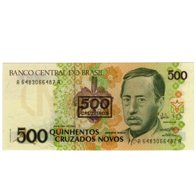 500 Cruzeiros - Brasil 1990 c/carimbo