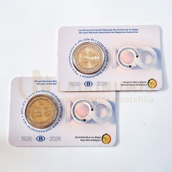 Moeda 2 Euro Centenário das Ferrovias Estatais Bélgica 2026 Coincard 