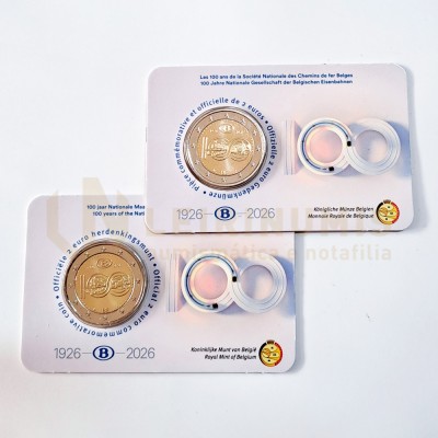 Moeda 2 Euro Centenário das Ferrovias Estatais Bélgica 2026 Coincard 
