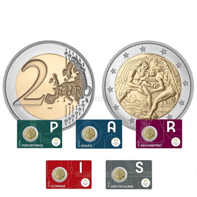 Moeda 2 Euros Jogos Olímpicos de Paris 2024 França 2024 (Unidade)  (5 Cores de embalagem a moeda é a mesma o que muda é a embalagem)