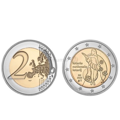 Moeda 2 Euro Lotaria Nacional Bélgica 2025 UNC Moeda retirada de Rolo