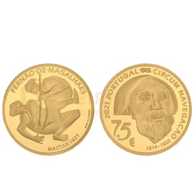 Moeda 7,5€ V Centenário da Viagem Circum-Navegação Fernando de Magalhães Mactan 1521 Portugal 2021 Ouro Proof