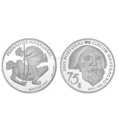 Moeda 7,5€ V Centenário da Viagem Circum-Navegação Fernando de Magalhães Mactan 1521 Portugal 2021 Prata Proof 