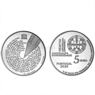 Moeda 5€ Comemorativa Dia Mundial Língua Portuguesa Prata Proof Portugal 2020