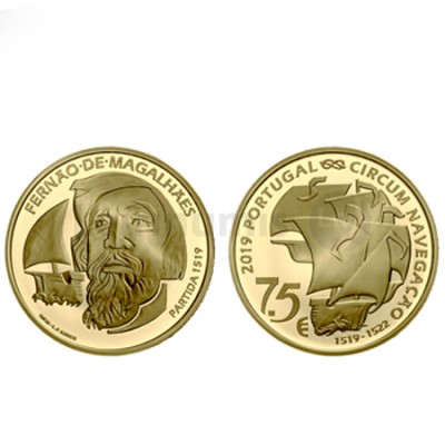 Moeda 7,5 € Fernão de Magalhães Partida 1519 Ouro Proof Portugal 2019