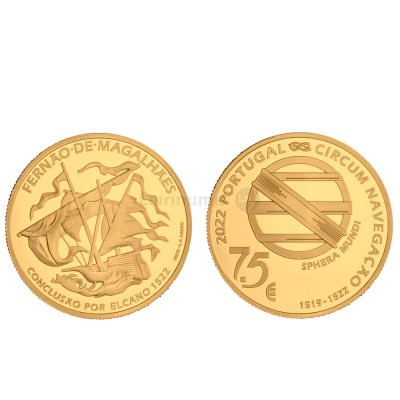Moeda 7,5€ Fernão de Magalhães Circum Navegação  Conclusão por Elcano 1522 Portugal 2022 Ouro Proof