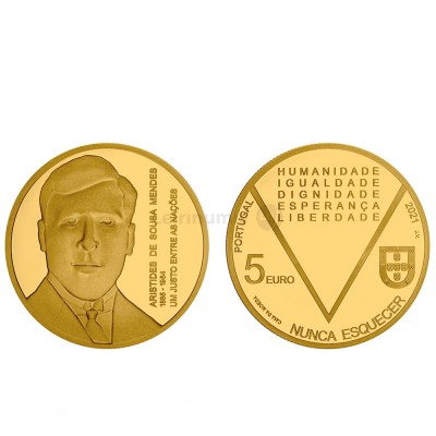 Moeda 5€ Aristides de Sousa Mendes Portugal 2021 Ouro Proof