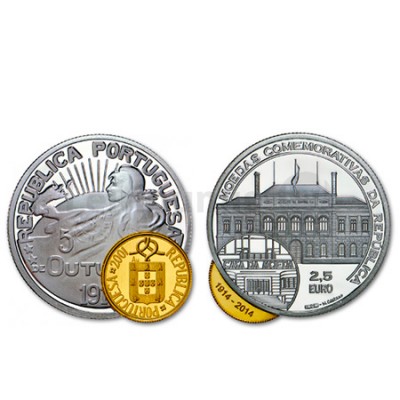 Centenário da Primeira Moeda Comemorativa da República Portugal Ouro e Prata Proof 2014