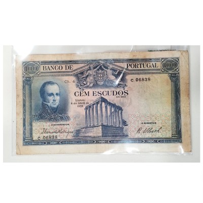 100 Escudos Portugal 1928 MBC (Nota com furo de Pionésio)